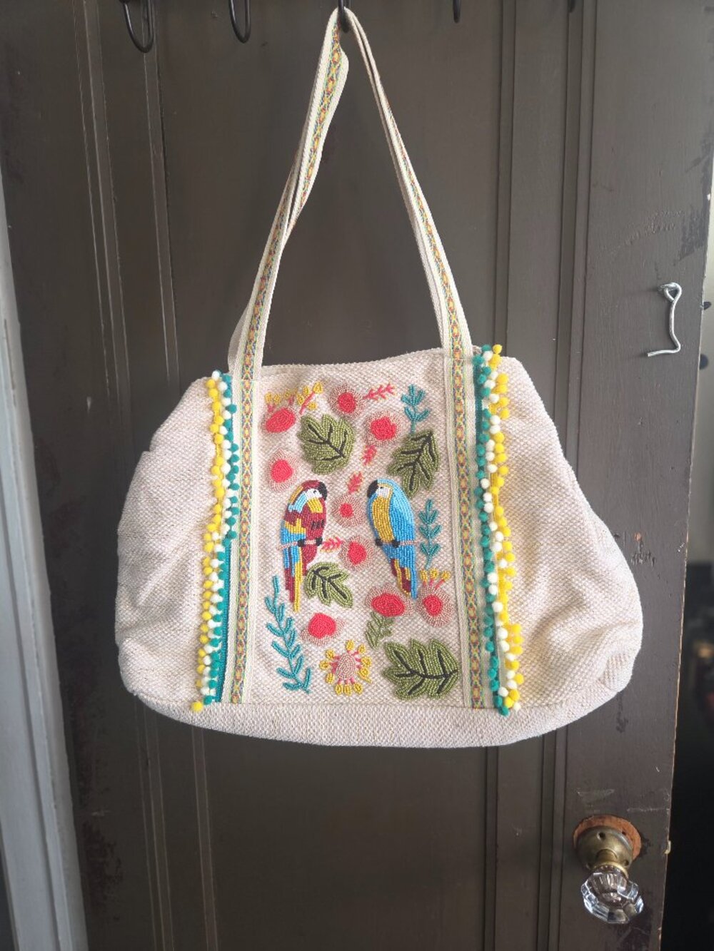 America and Beyond beaded parrot bag - cream multi